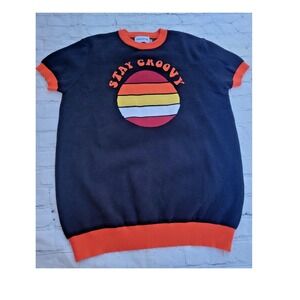 OXKNITSTORE Stay Groovy Retro Sun Knit Short Sleeve Sweater Black Orange XXL